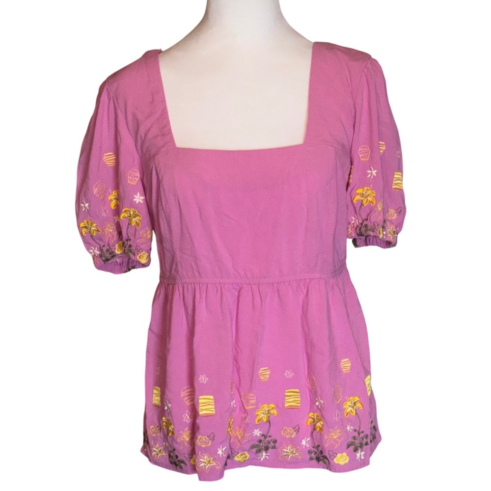 Disney Princess BoxLunch Tangled Rapunzel Pink‎ Embroidered Smocked Top Large